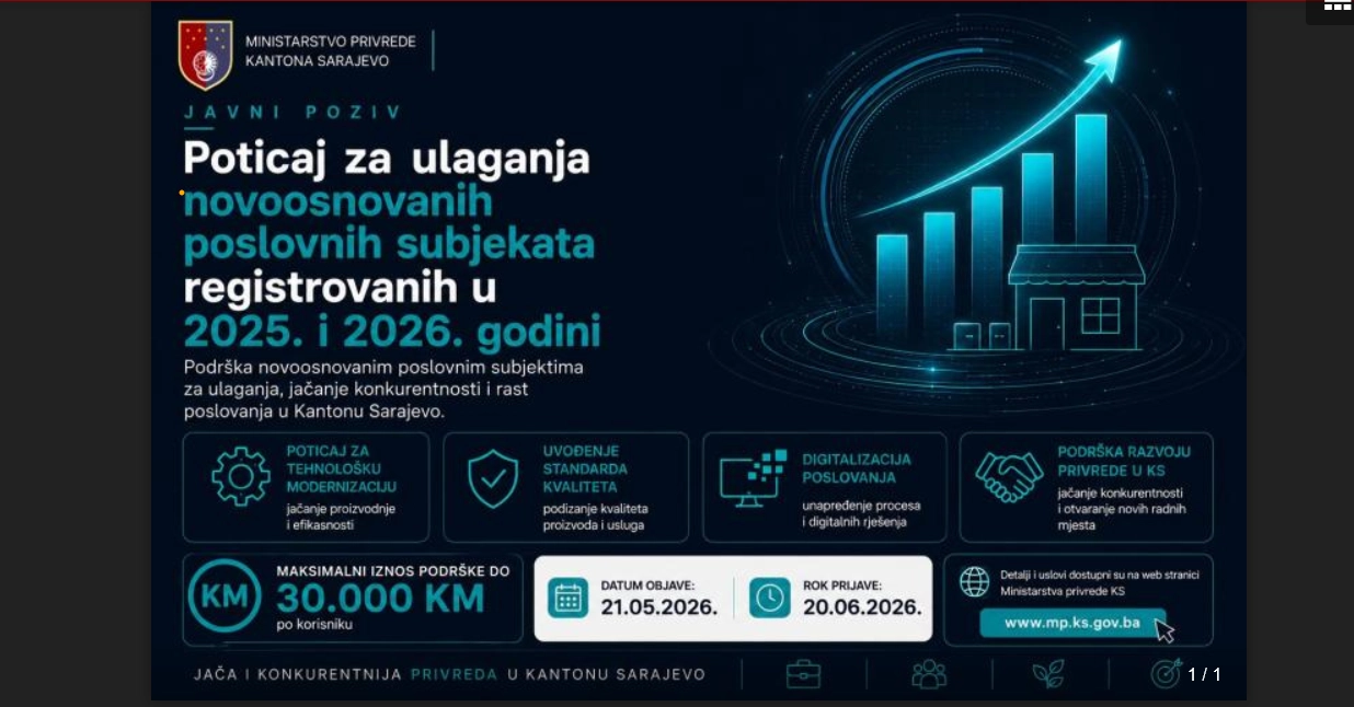 JAVNI POZIV - dostavljanje prijave po programu "Poticaj za ulaganja novoosnovanih poslovnih subjekata registrovanih u 2025. i 2026. godini - Kanton Sarajevo''